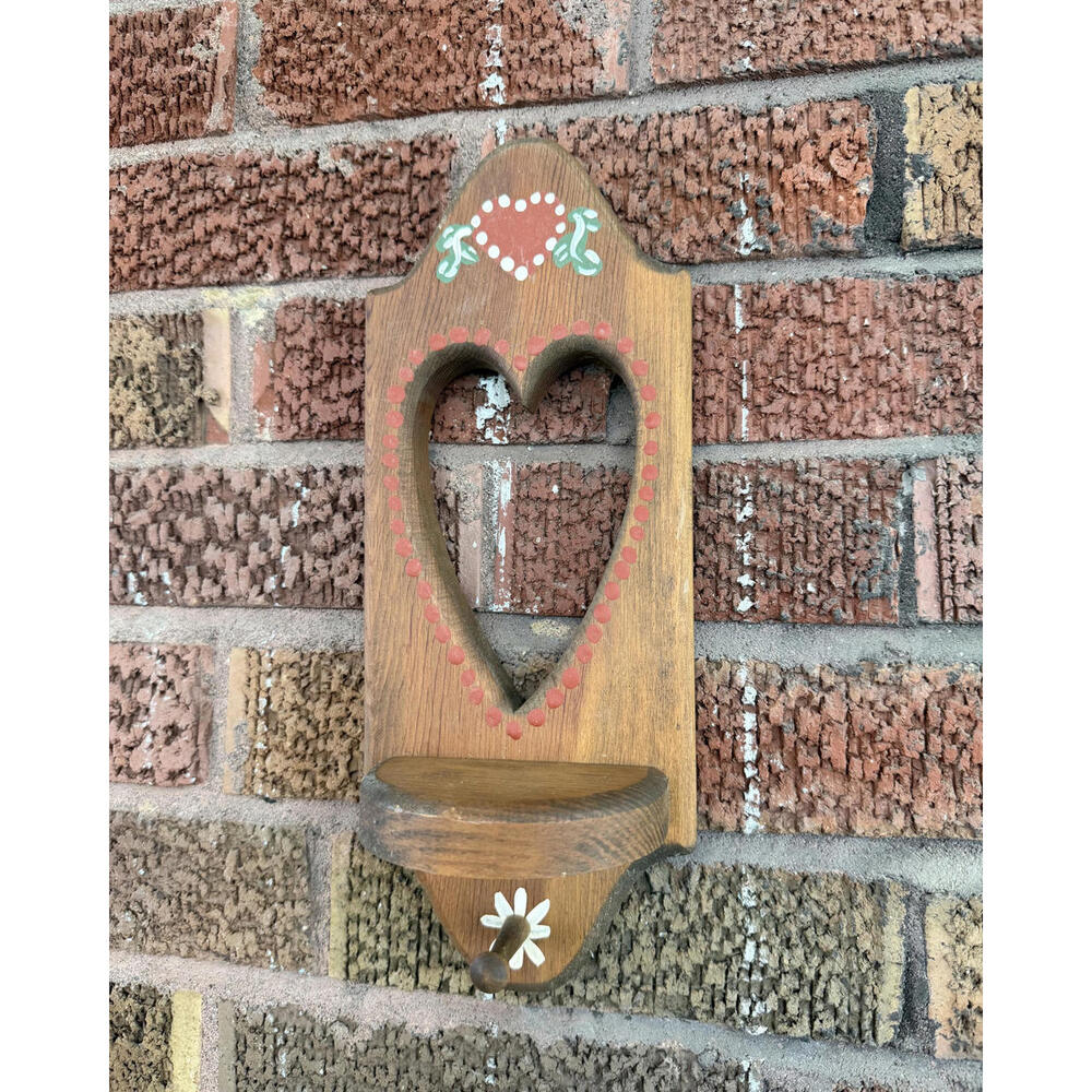 Vintage Wooden Heart Cut Out Wall Hanging Shelf with Peg Hand Painted Accents - Picture 2 of 5